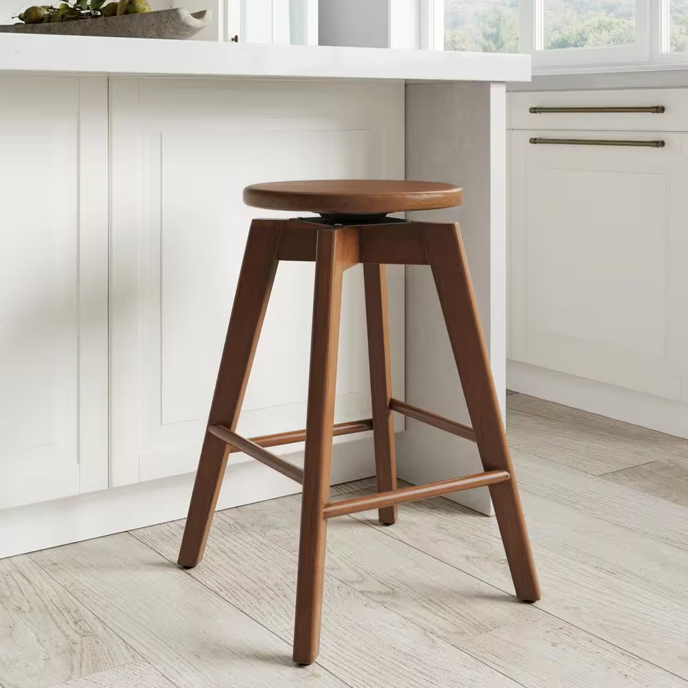 Amalia 25 In. Antique Coffee or Brown Backless Counter Height 360 Swivel Seat Solid Wood Kitchen Bar Stool