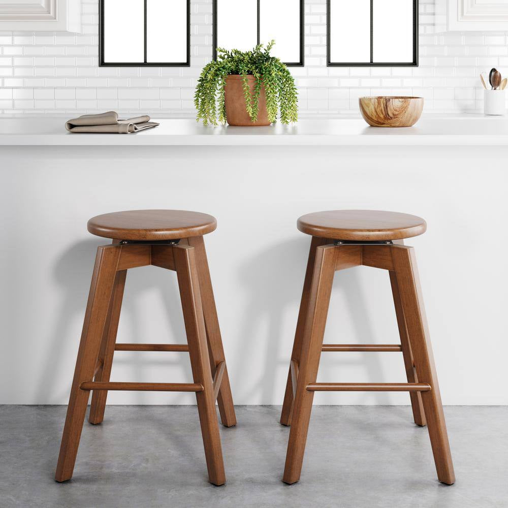 Amalia 25 In. Antique Coffee or Brown Backless Counter Height 360 Swivel Seat Solid Wood Kitchen Bar Stool