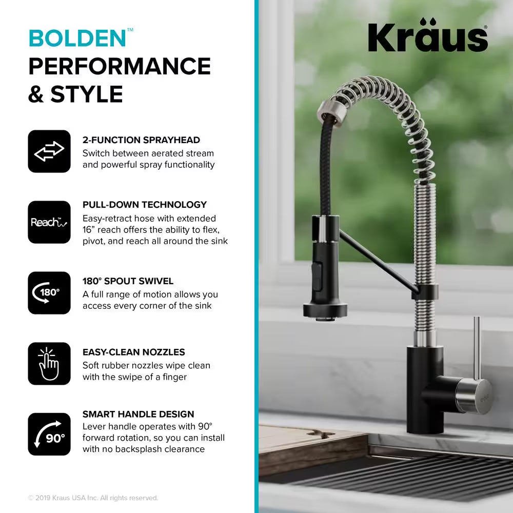 Bolden Single Handle Pull down Sprayer Kitchen Faucet with Dual Function Sprayhead in Stainless Steel/Matte Black