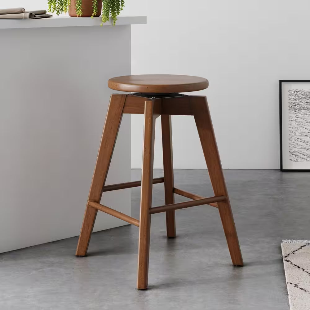 Amalia 25 In. Antique Coffee or Brown Backless Counter Height 360 Swivel Seat Solid Wood Kitchen Bar Stool