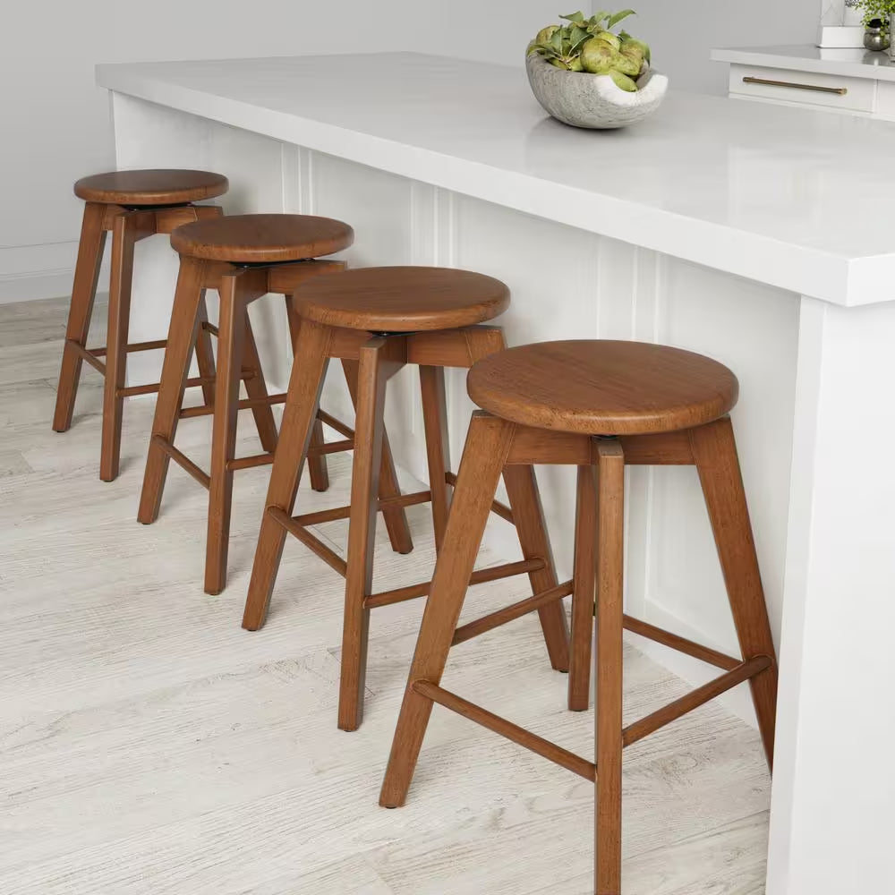 Amalia 25 In. Antique Coffee or Brown Backless Counter Height 360 Swivel Seat Solid Wood Kitchen Bar Stool